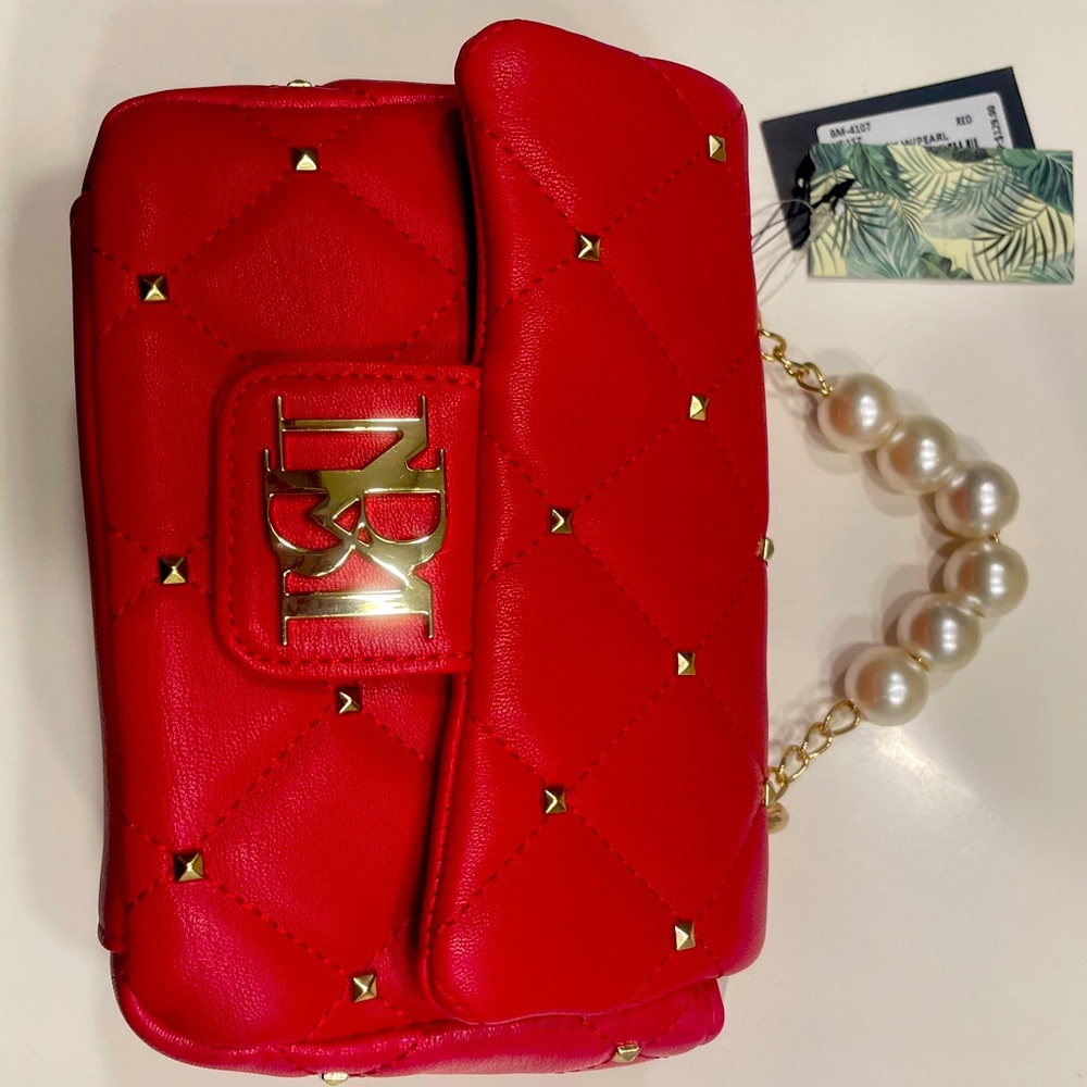 Badgley Mischka Red Crossbody Pearl Faux Mini Bag NWT